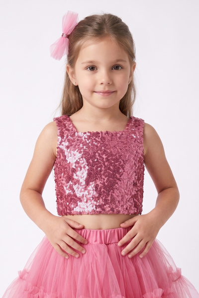 Le Mabelle Fuchsia Square Collar Sequined Sleeveless Crop Blouse for Girls - ...