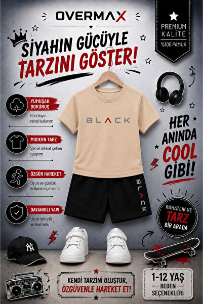 OVERMAX Black Printed Children's Set – T-Shirt & Shorts 2-Piece Combination |...