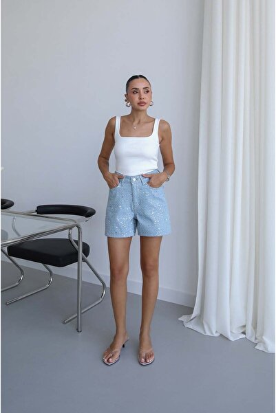 Havoş Light Blue Sequined Denim Shorts