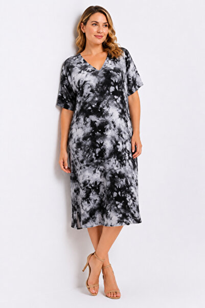 Şans Women's Large Size Gray, Woven Viscose Fabric, V-Neck Tie-Dye Pattern Dr...