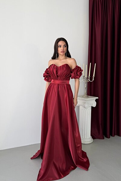 Serica Moda Bordo Straplez Kalp Yaka Balon Kollu Organze Abiye Elbise