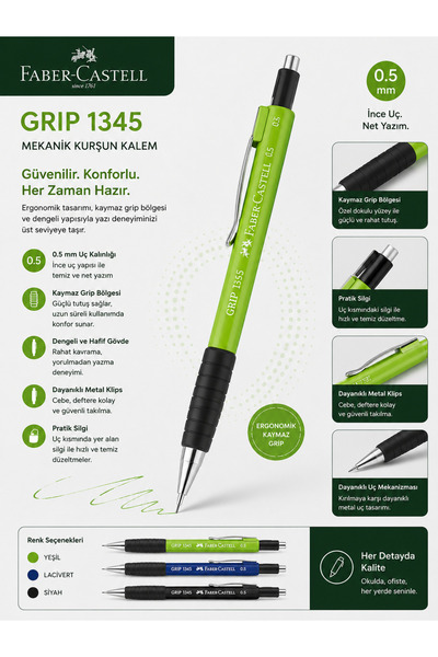Faber Castell Faber-Castell 0.5 mm Mekanik Uçlu Kalem – Ergonomik Kaymaz Tutu...