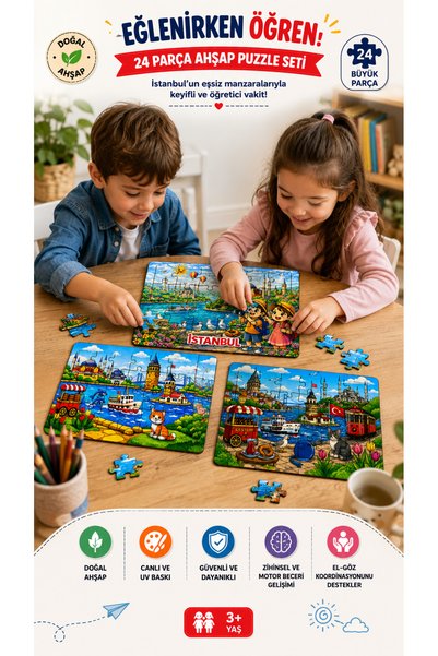 kutuTR İstanbul Hatıra Ahşap Puzzle Seti 24 Parça 18x25 cm Eğitici Çocuk Puzz...