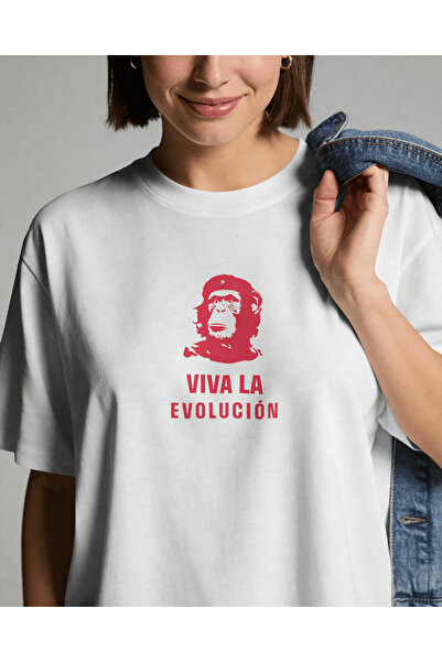 buzagi tasarım ürünleri Viva La Evolution Unisex White Oversize T-Shirt