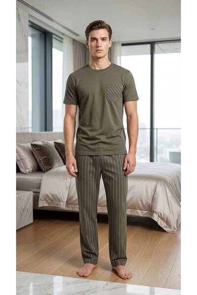 Sude HOMEWEAR Men's Short Sleeve Green Color Striped Pajama Set with Pockets