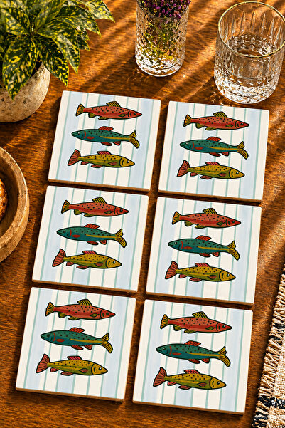 JHAAR Colorful Fishes Set of 6 Coasters - Uv Printing Mdf - 10X10 cm