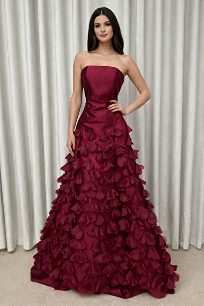 shahad fashion Royal Burgundy Petal Style Evening Dress, Dramatic Luxury with...