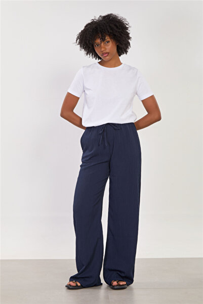 BARRELS AND OIL Women's Elastic Waist Crinkle Loose Trousers - Navy Blue