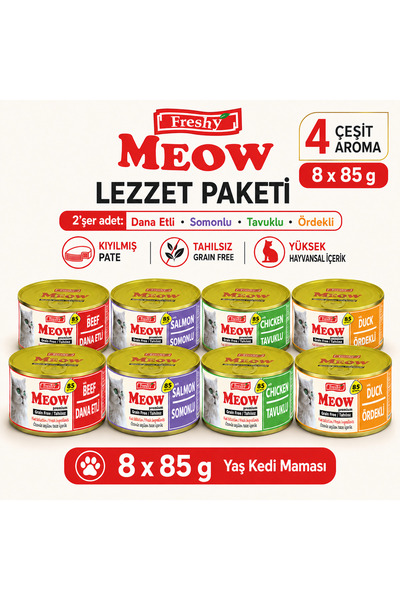 Lezzet Paketi 8 x 85 g Yaş Kedi Maması, 4 Çeşit Aroma, Tahılsız Pate Konserve Seti
