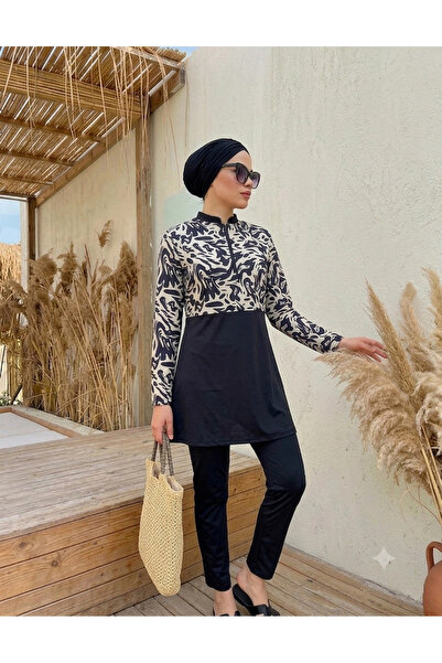 DEFNECE BUTİK Digital Printed Hijab Swimsuit - Black and White