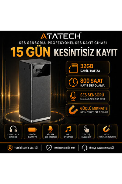 AtaTechs 32GB Hafızalı Mini Diktafon 800 Saat Depolama Kapasiteli 15 Gün Bata...