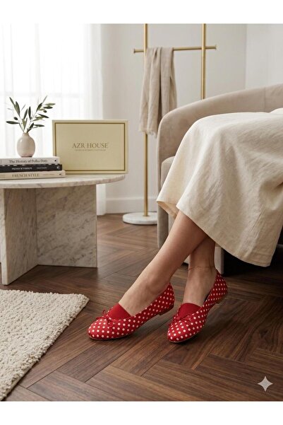 AZR Women's Polka Dot Bow and Rubber Detailed Casual Comfortable Ballerinas