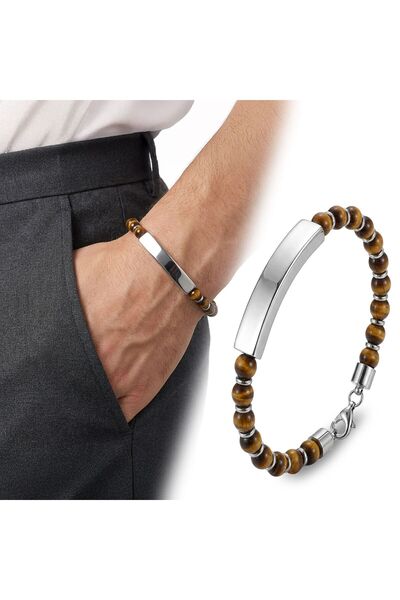 OGHAMAY Cheetah Eye Natural Stone Name-Engraved and Adjustable Steel Chain Br...