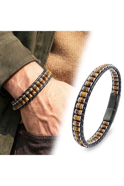 OGHAMAY Tiger's Eye & Hematite Steel Braided Leather Bracelet 18392B22D1