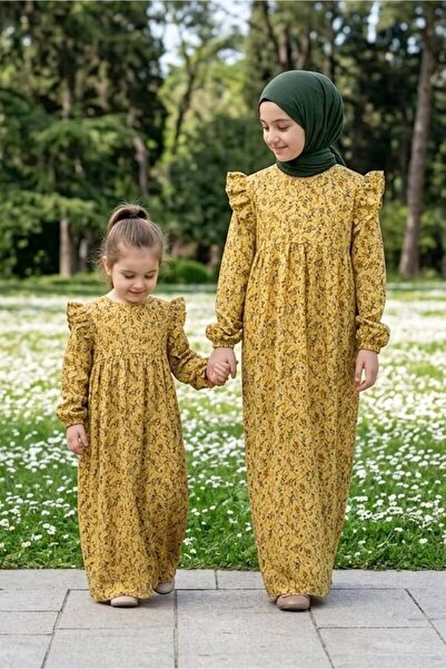 Betül Akbay فستان بناتي محتشم - موديل أمين من القطن الفيسكوز باللون الأصفر با...