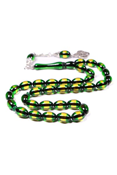 TESBİHKENTİ Green Vermeil Powder Amber Prayer Beads 12X8 mm
