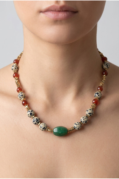 elinasaccessories Dalmaçya Jasper Akik Doğal Taş Kolye Yeşim El Yapımı 14K Al...