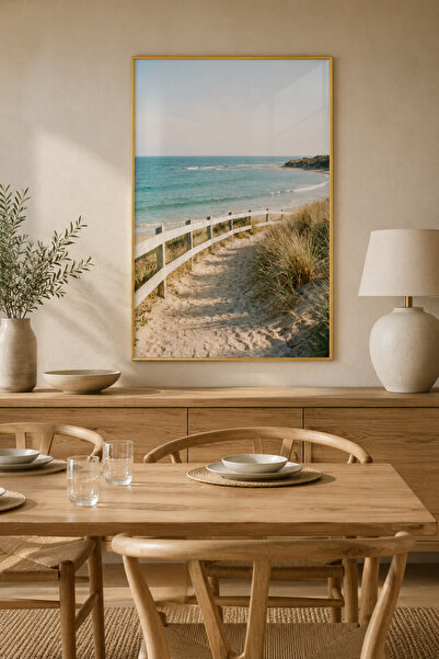 sayetablo Coastal Calm - Gerçek Cama Baskı Gold Alüminyum Metal Çerçeveli Tek...