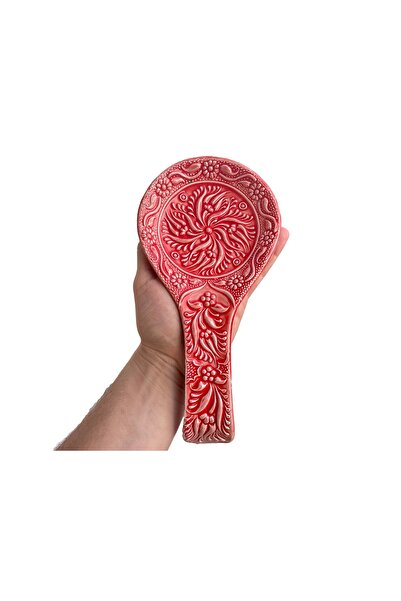 Zeem Handmade Ceramic El Yapımı Seramik Kırmızı Kaşık Tutucu, Çiçek Desenli K...