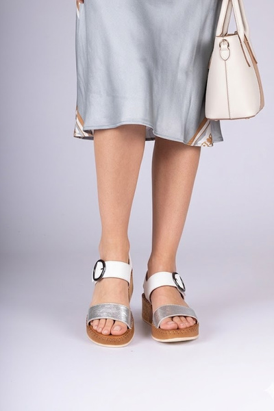 Solly Well Foot 26066 White-Silver Genuine Leather Women's Sandals