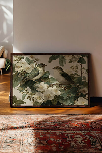 Zestia Pictură murală orizontală vintage, cuplu de păsări pe ramură florală, ...