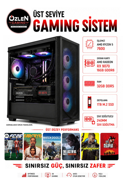 ÖZLEN XL16 RYZEN 5 7600 RX 9070 16GB 32GB DDR5 RAM 1TB M.2 SSD Üst Seviye Oyu...