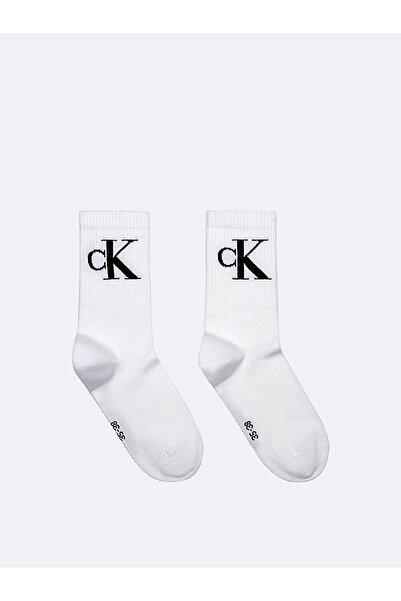 Calvin Klein Women's Cotton Ck Logo Detailed Long Double Pack White Socks