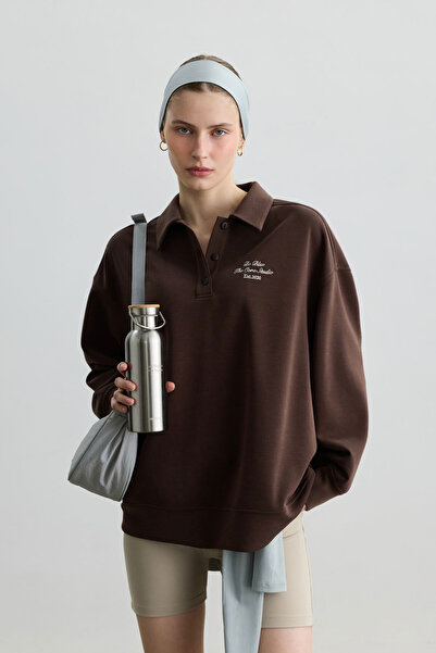 BE BLUE TOZLU KAHVERENGİ POLO YAKA İNCE SWEATSHIRT