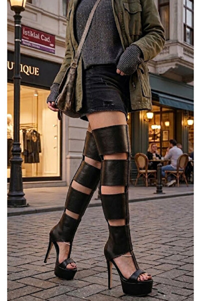 Afilli Kadın Siyah Gladyatör Seksi Parçalı Arkadan Fermuarlı Platform İnce Yü...
