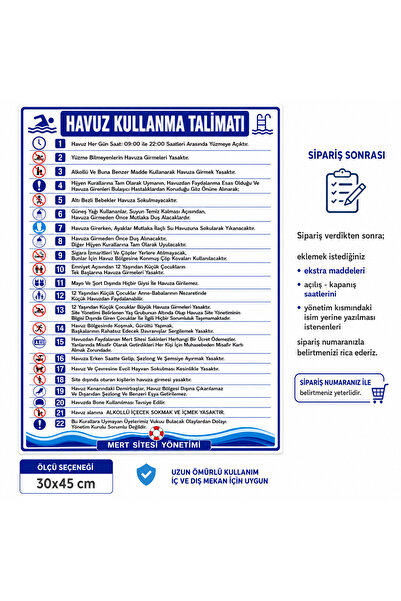 KUZEY KOMBİ PLASTİK 30X45 cm Havuz Kuralları ve Talimatları Uyarı Levhası UV ...