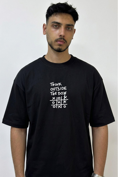 Anetos Σκέψου Εκτός του Πλαισίου_1 Μαύρο T-Shirt Oversize με Τυπωμένο Σχέδιο
