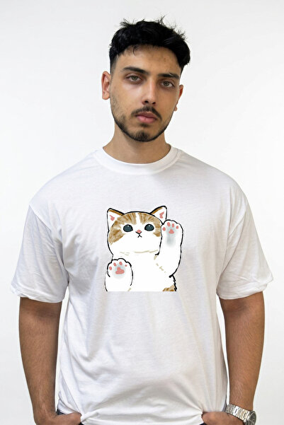 Anetos تي شيرت أبيض كبير الحجم مطبوع بتصميم Cizim Cat