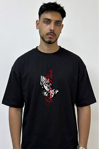 Anetos Praying Hands Design Printed Oversize Black T-Shirt