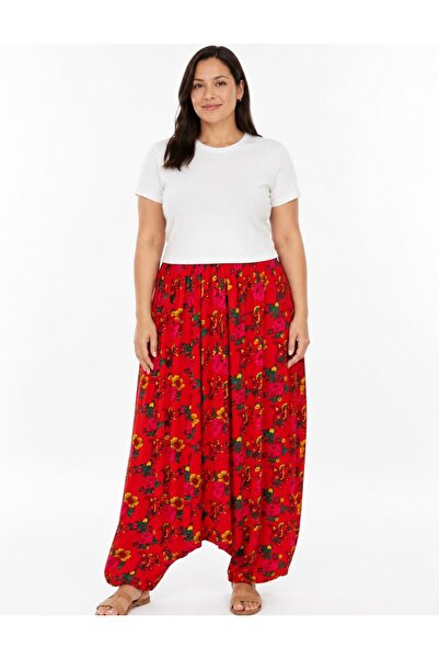 Butik Pamuklu Viskon kumaş şalvar tek cepli beli lastikli düz paça nar çiçeği...