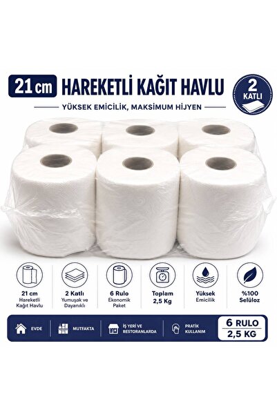Duruper Kimya 21 cm Hareketli Kağıt Havlu 2 Katlı 6 Rulo Toplam 2,5 Kg Endüst...