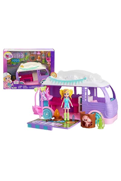 Polly Pocket Glamping Camper Van Set, 7.5 cm Doll, 15 Accessories