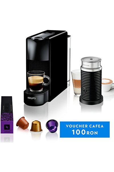 Krups Pachet Cafetiera Capsule Nespresso Essenza Mini + Aeroccino3, 1260W, 19...