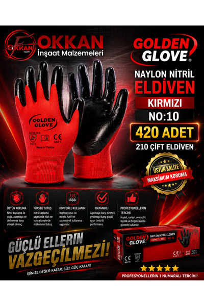 Golden GLOVE NAYLON NİTRİL ELDİVEN KIRMIZI NO:10 420 Adet 210 Çift