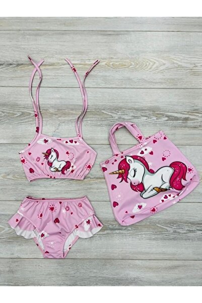 Genel Markalar Kız Çocuk Desenli Bikini Takımı Plaj Çantalı Yazlık Deniz Seti