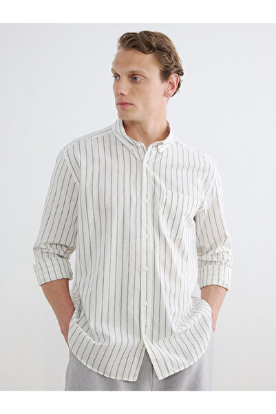 LC Waikiki Khaki Regular Fit Striped Linen Blend Men's Shirt