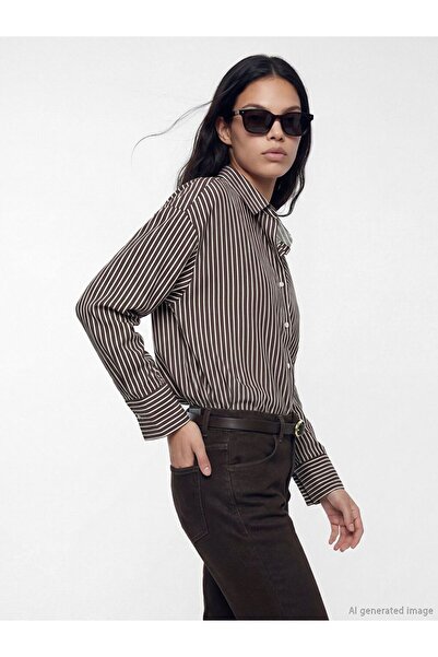 LC Waikiki Lcw Vision Brown Striped Oversize Poplin Women's Shirt