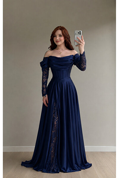 ayşenur Dinçer butik Royal Dantel Detaylı Lacivert Abiye