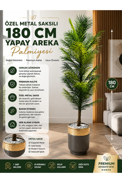 bitkidünyam Premium Yapay Areka Palmiyesi 180 CM – Özel Metal Saksılı Dekorat...