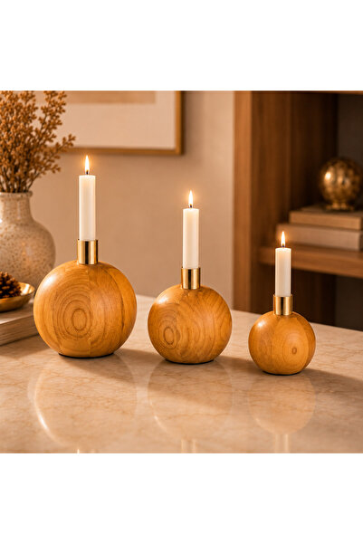 Dania Luxury Wooden Ball Candle Holder with Golden Metal Stand - Multi-Size (...