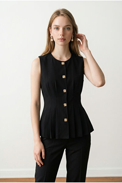 oyagüler Women's Black Waist Pleated Detail Gold Button Lined Design Vest Yy1...