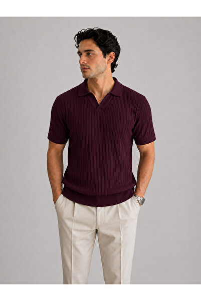 MODASPARK Burgundy Polo V-Neck Short Sleeve Men's T-Shirt
