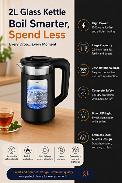 Baytix HOME 1500W 2L Electric Glass Kettle & Hot Water Dispenser, Rapid Boil ...
