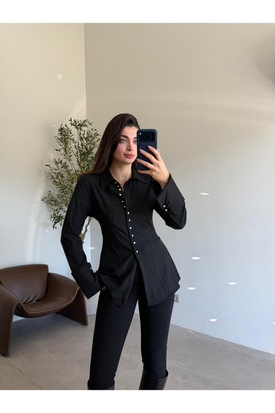 Bade Butik Black Sleeve Detailed Silver Buttoned Shirt