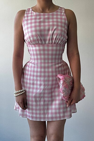 Femistik Women's Yujas Tie-Waist Plaid Poplin Casual Stylish Summer Mini Dress