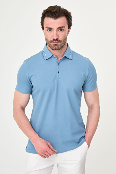 Mcr Straight Slim Fit Polo Collar Metal Button Short Sleeve Men's T-Shirt Blu...